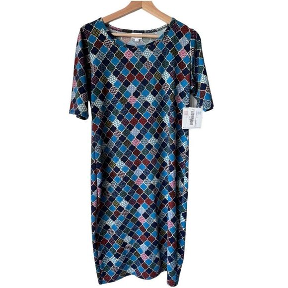Women's LuLaRoe Julia multicolor blue midi dress casual fresh color size M - Picture 1 of 9